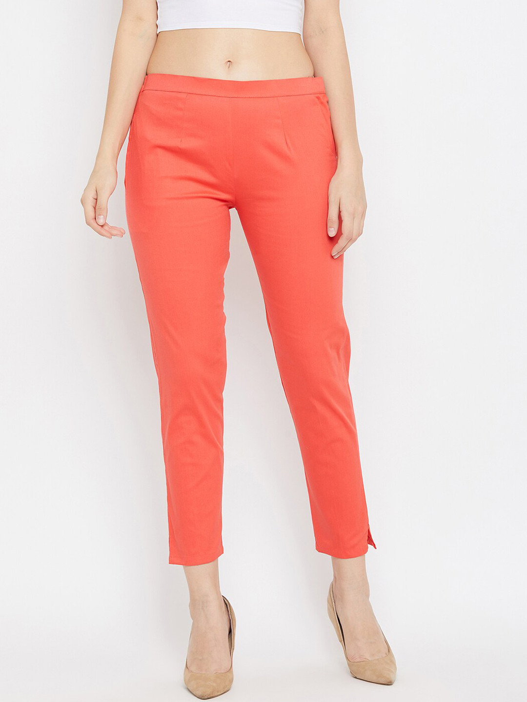Clora Creation Women Peach-Coloured Regular Fit Solid Cigarette Trousers