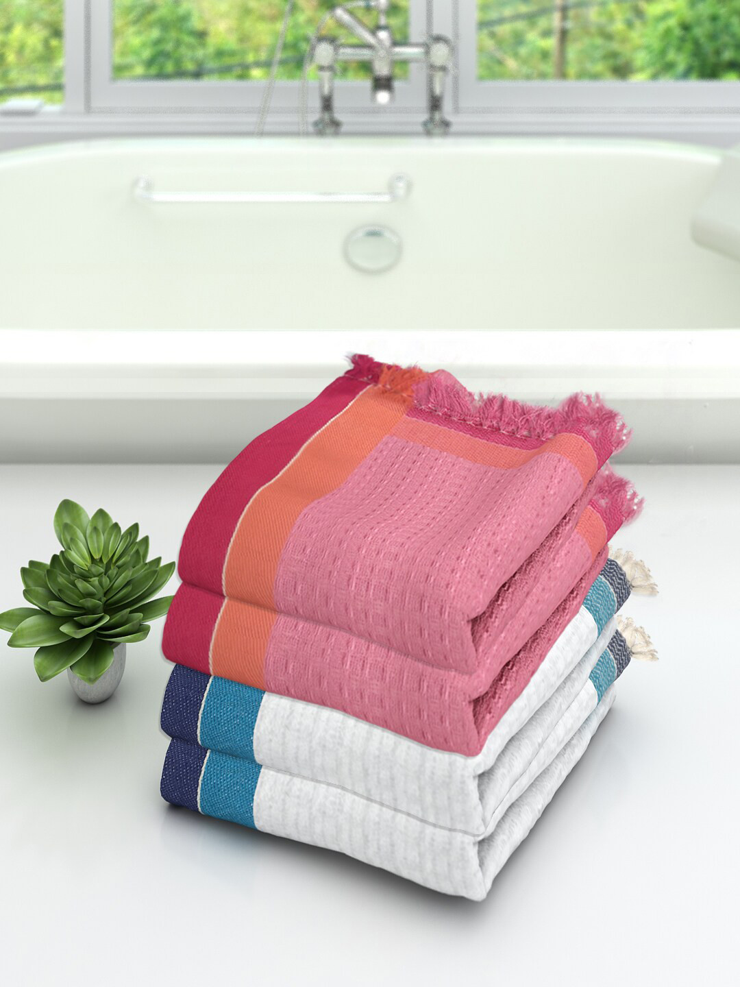 Athom Trendz Set Of 4 Woven-Design Pure Cotton 210 GSM Lightweight Bath Towels
