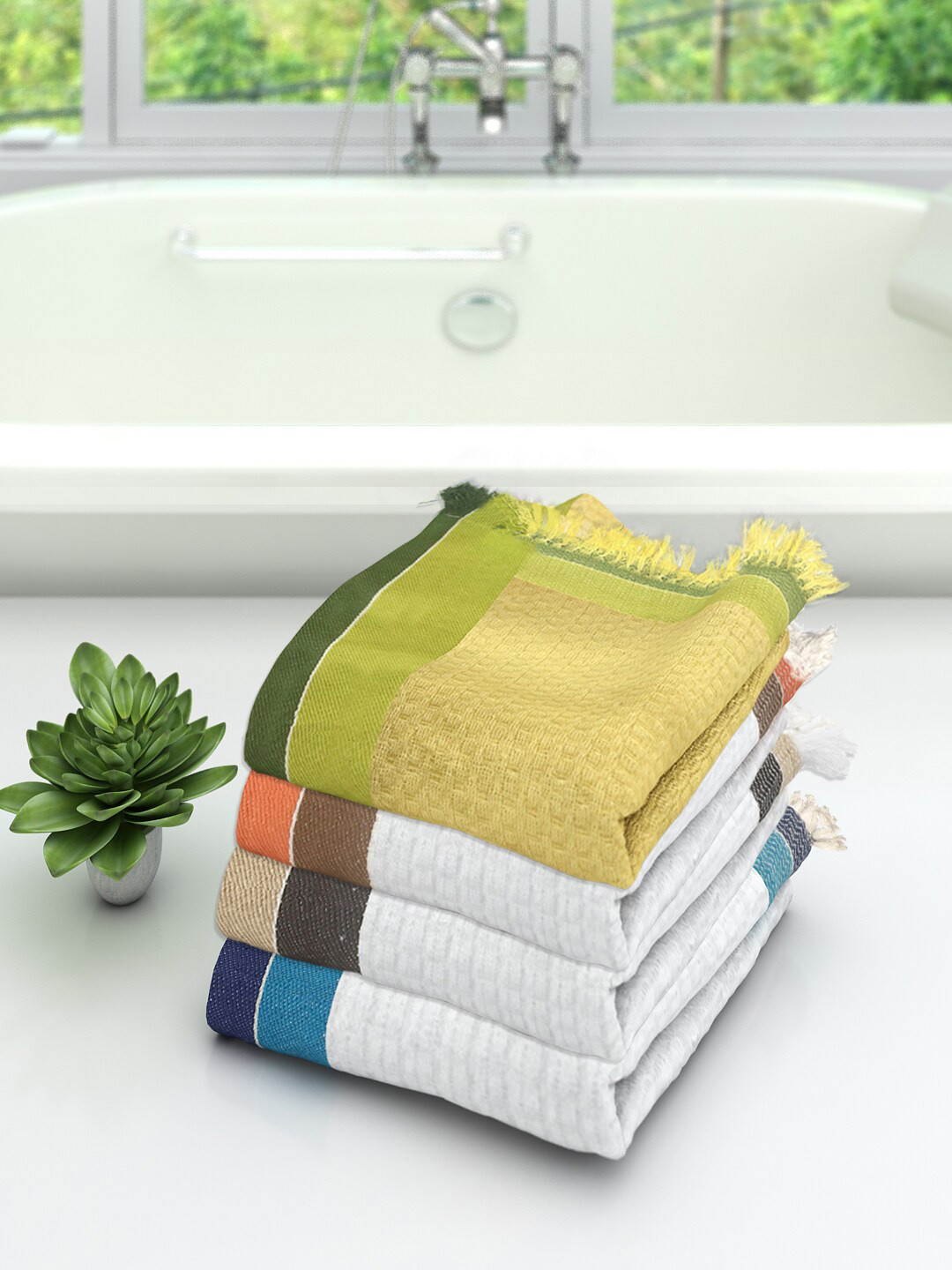 Athom Trendz Set Of 4 Woven-Design Pure Cotton 210 GSM Lightweight Bath Towels