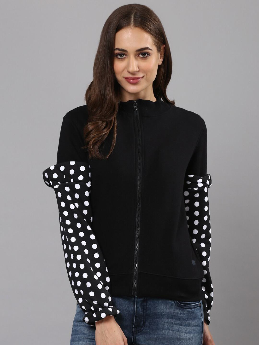 Campus Sutra Women Black Sleeve Patch with Polka Print Front-Open Sweatshirt