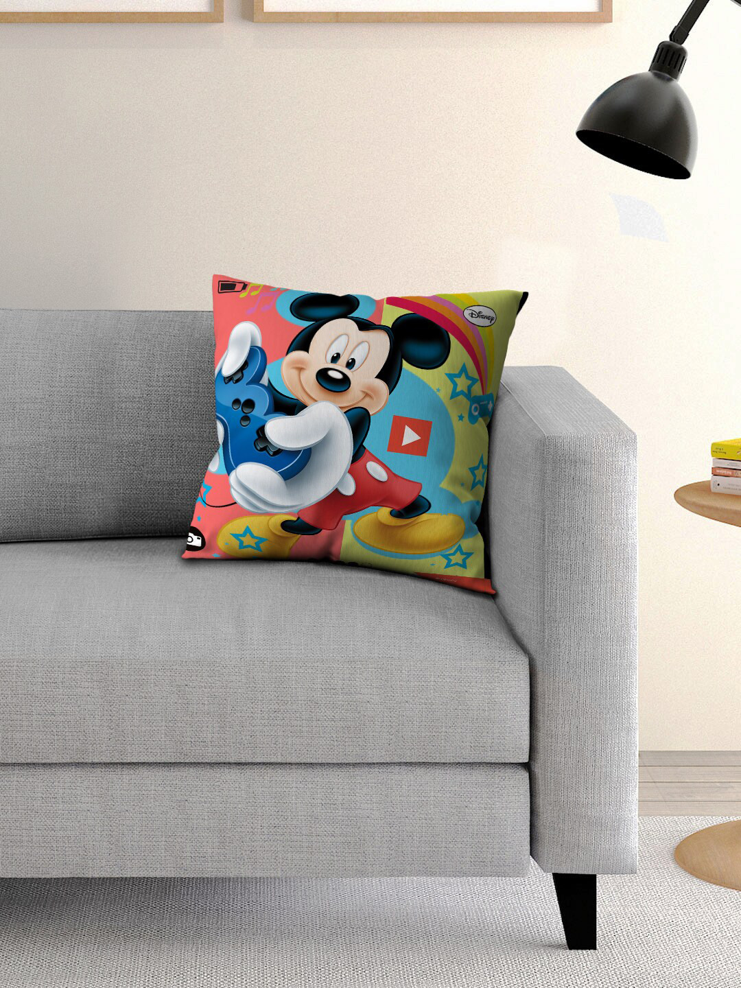 Disney Blue & Red Mickey Printed Filled Square Cushion With Cover