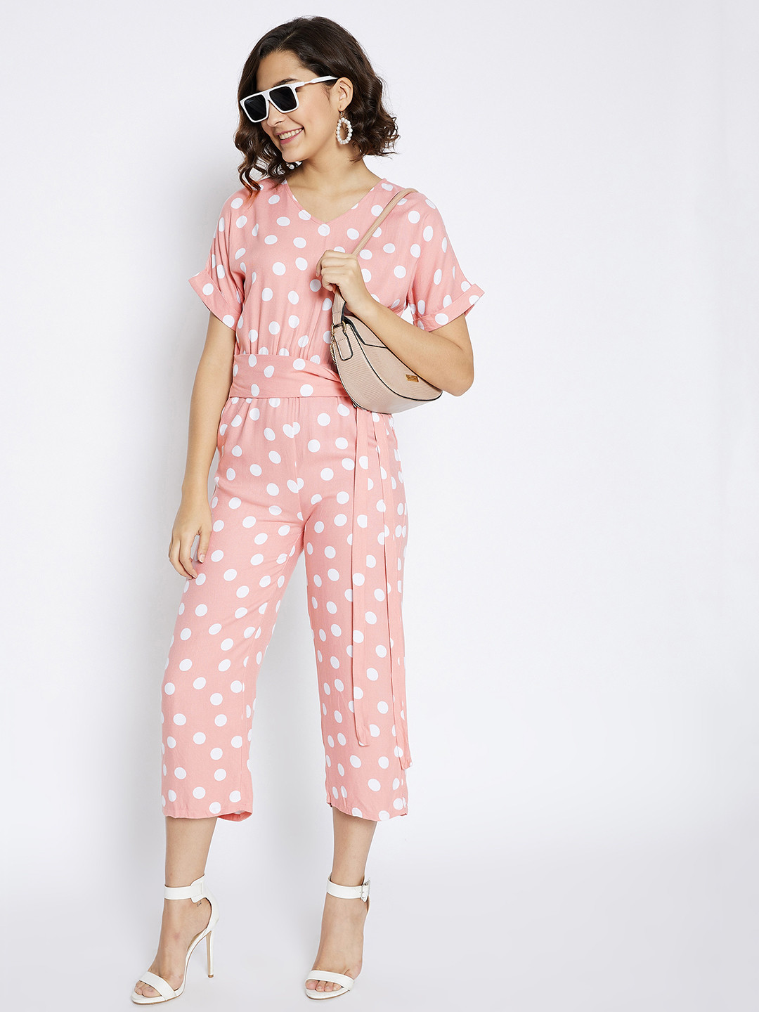 Crimsoune Club Women Peach & White Polka Dots Printed Slim Fit Jump Suit