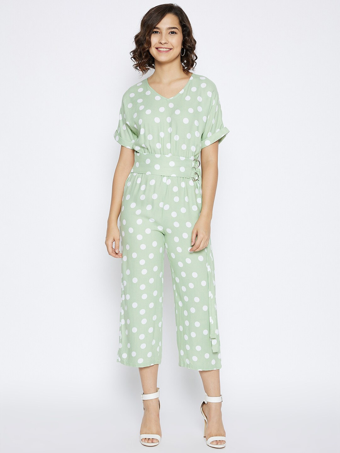 Crimsoune Club Women Green & White Polka Dots Printed Lyocell Slim Fit Capri Jumpsuit