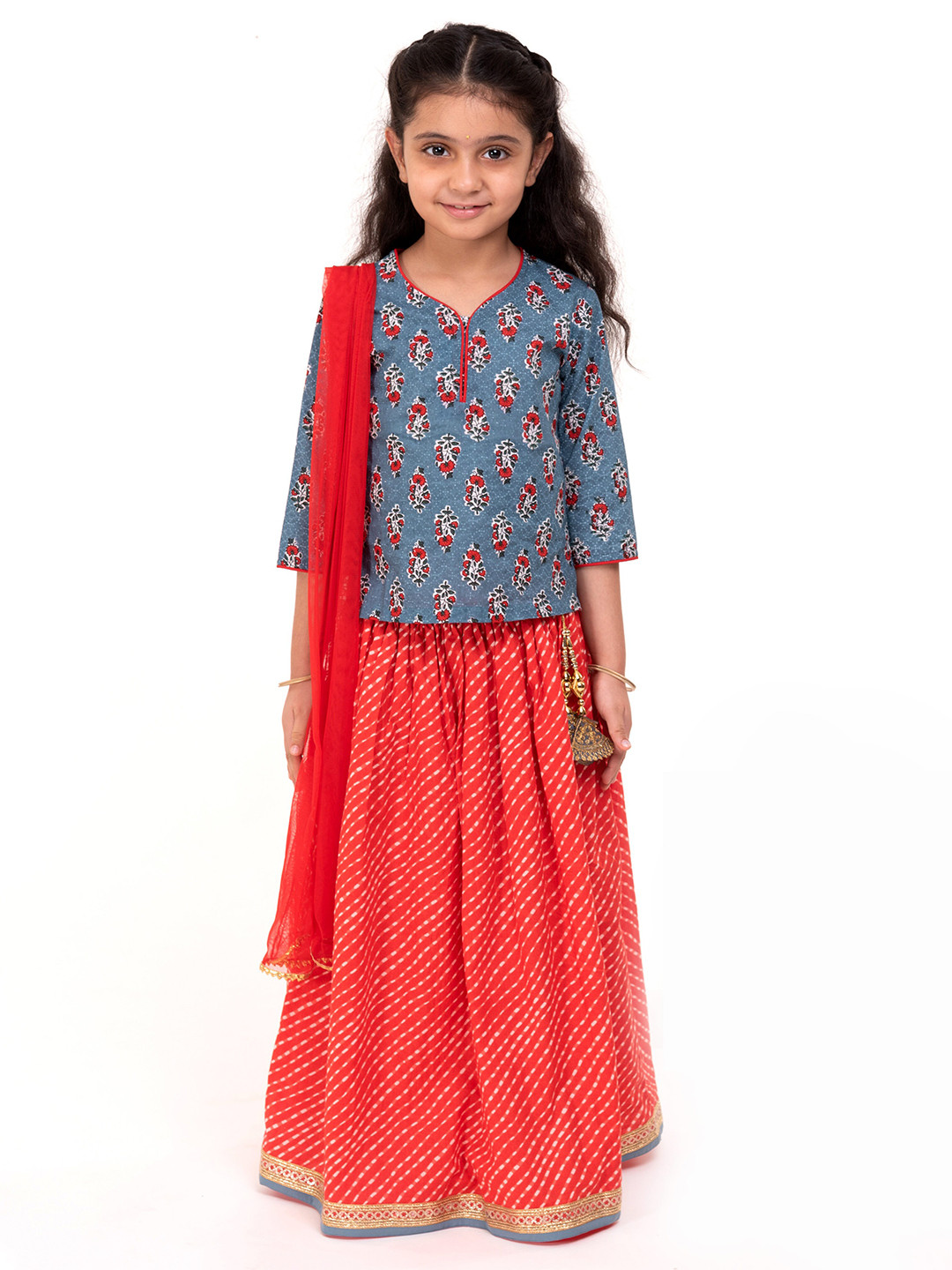 Campana Girls Grey & Red Floral Lehenga Set