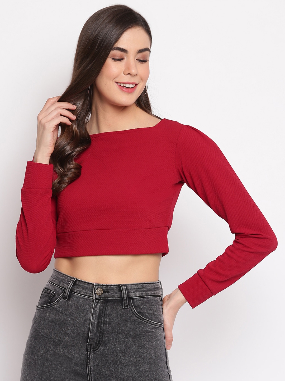 Mayra Women Red Long Sleeves Crop Top