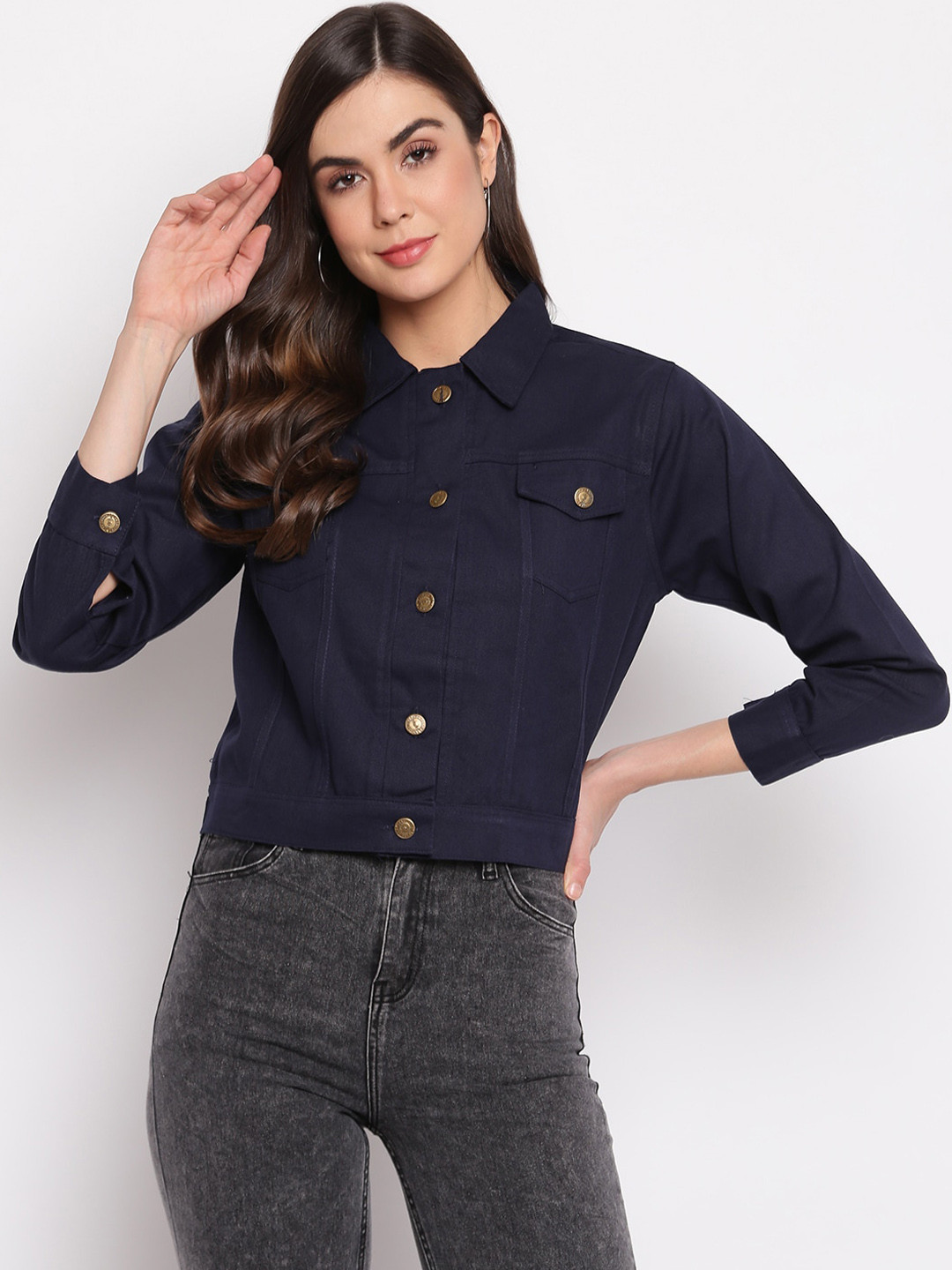 Mayra Women Navy Blue Crop Tailored Jacket