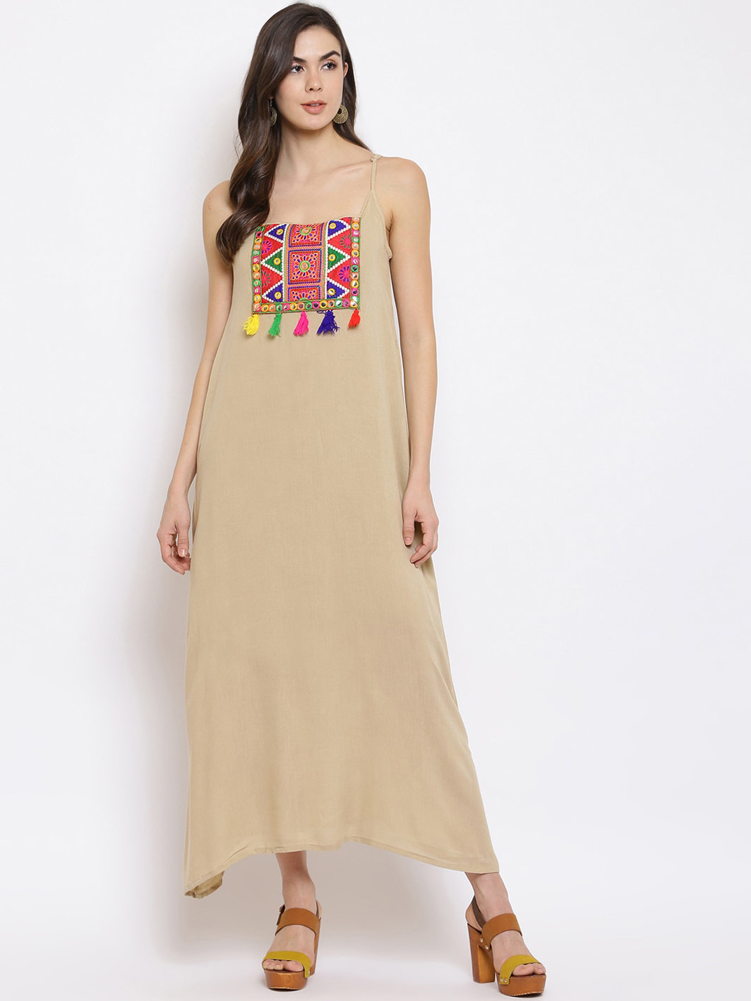 Mayra Women Beige Applique Rayon Maxi Dress