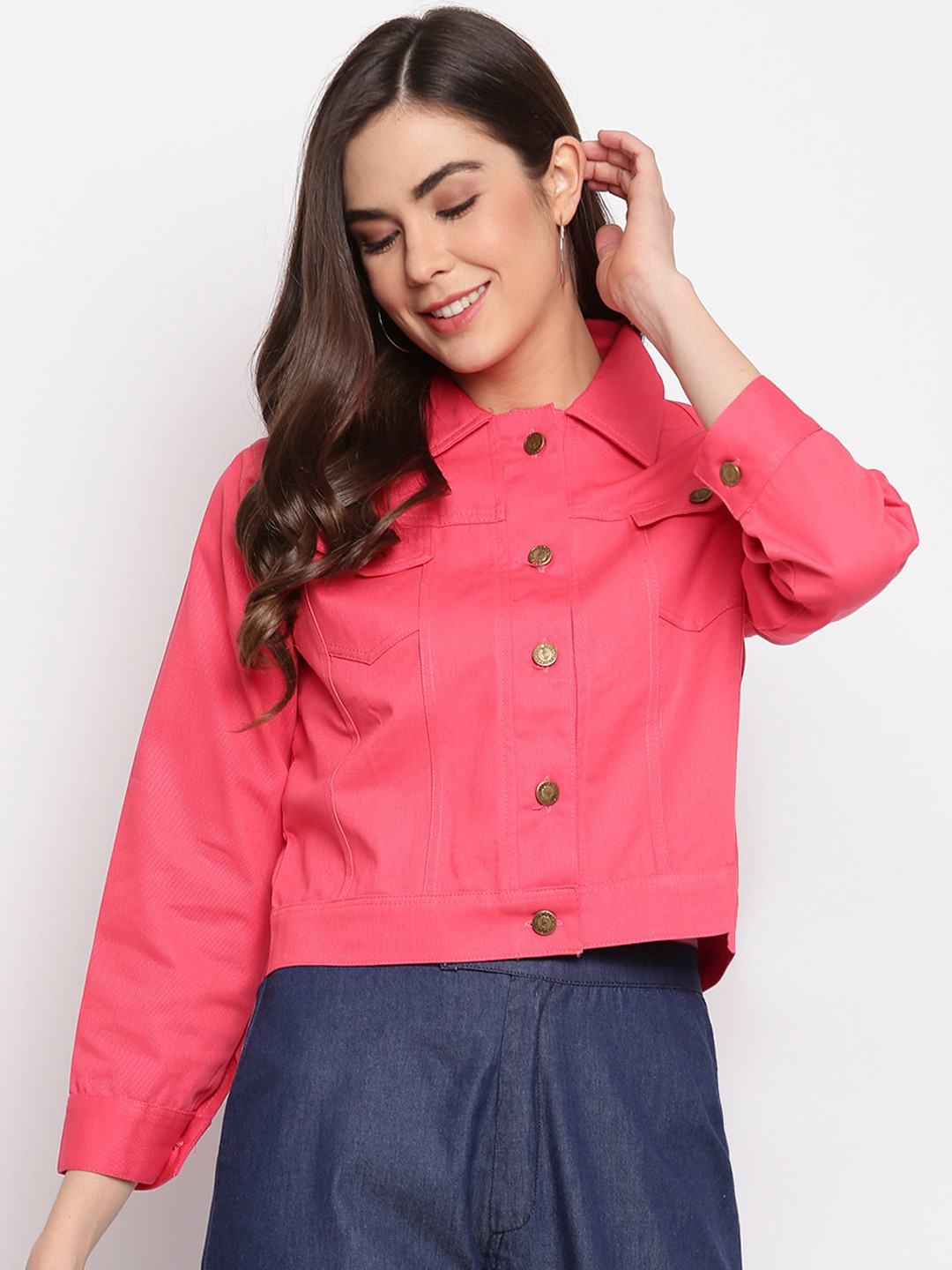 Mayra Women Pink Crop Denim Jacket