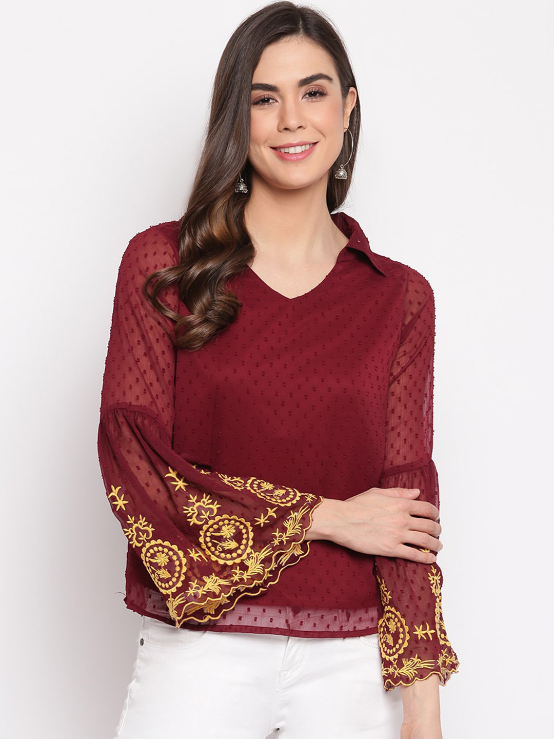 Mayra Maroon Bell Sleeve Georgette Regular Top