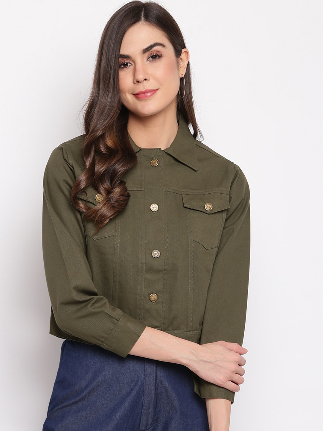 Mayra Women Olive Green Crop Denim Jacket