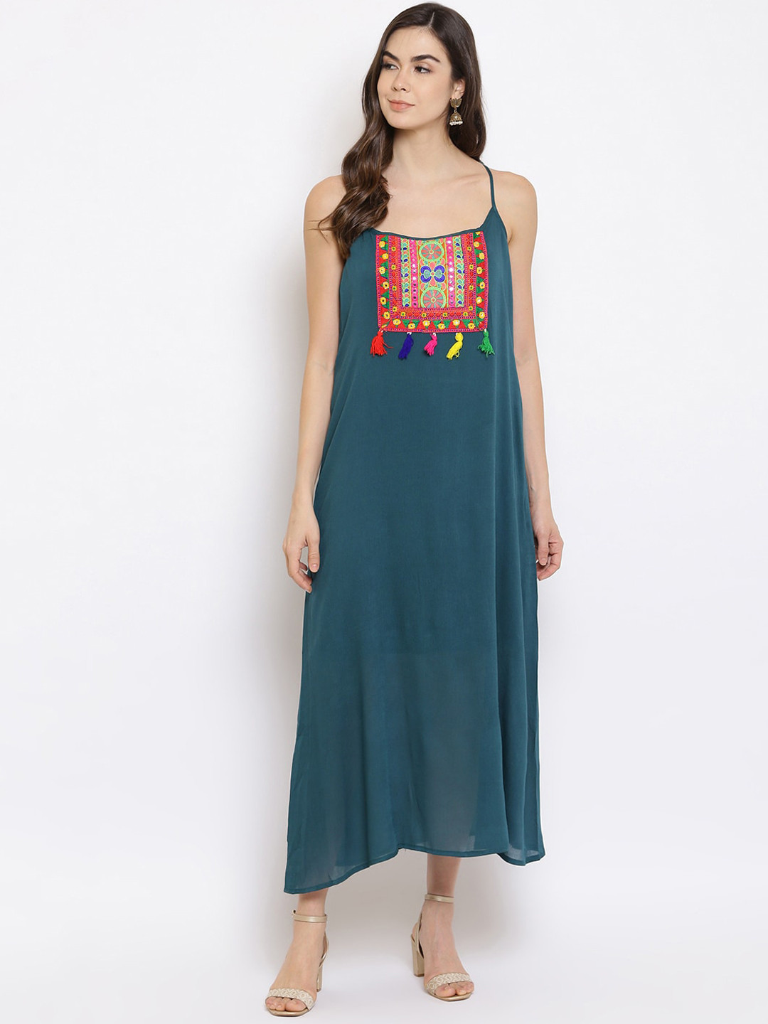 Mayra Women Green Applique Rayon Maxi Dress