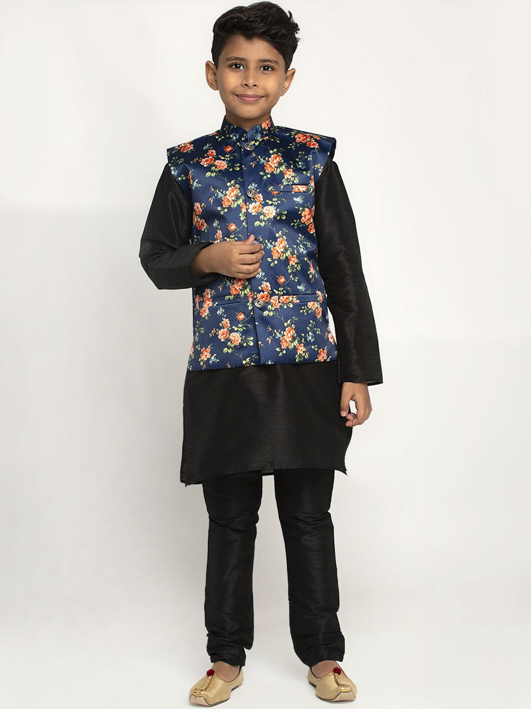 KRAFT INDIA Boys Black Dupion Silk Kurta with Pyjamas