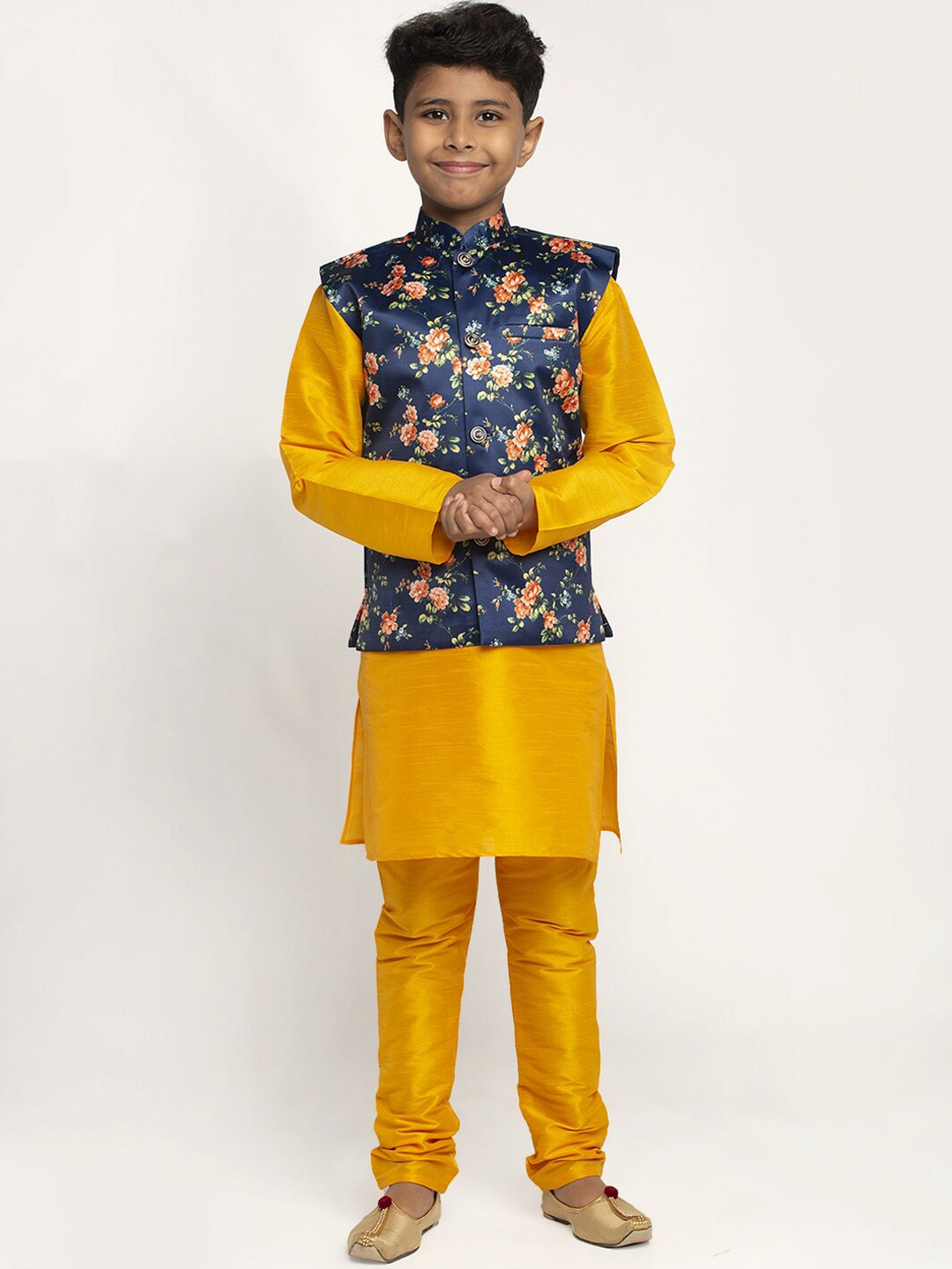 KRAFT INDIA Boys Mustard Yellow Dupion Silk Kurta with Churidar