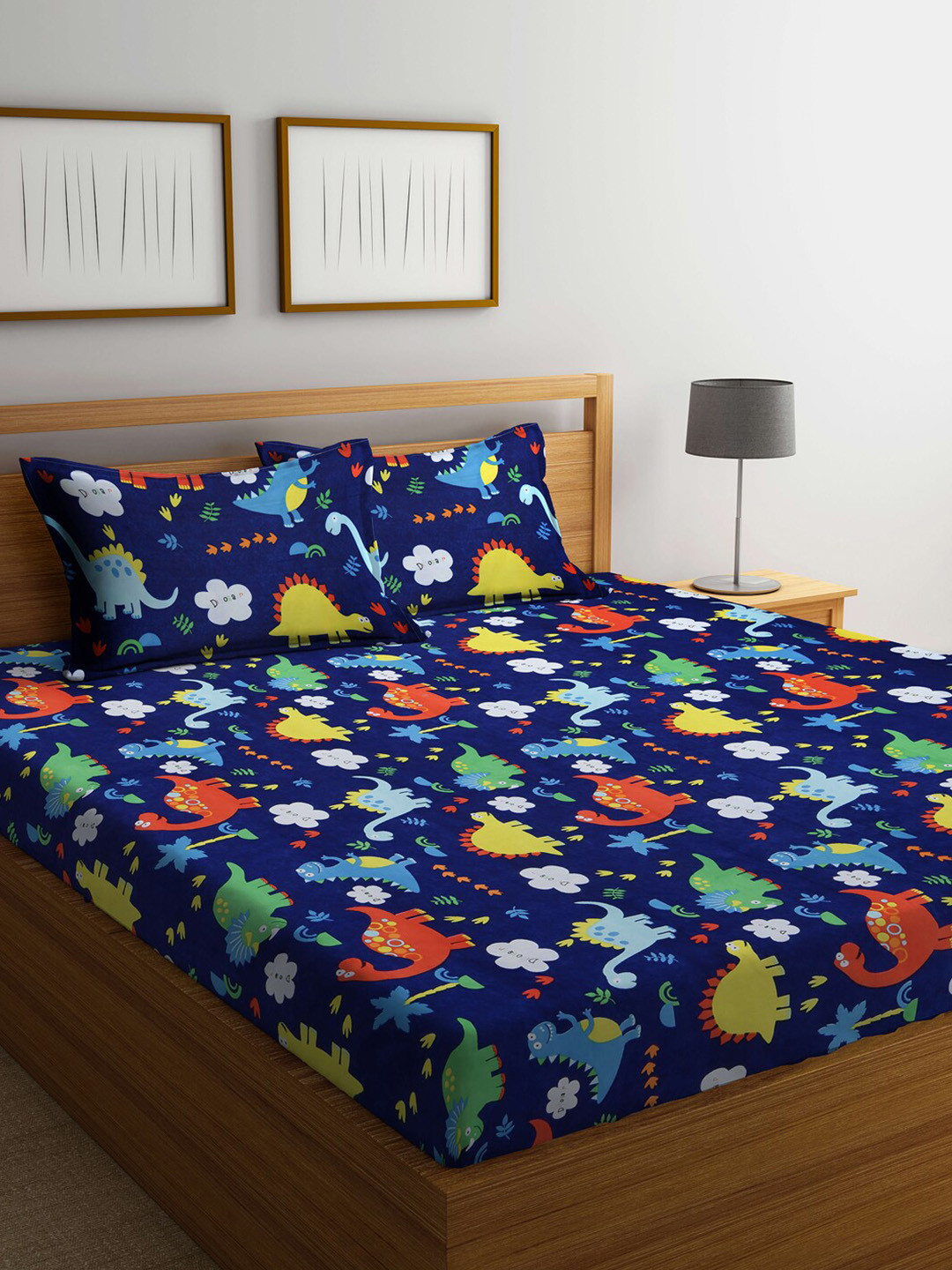 KLOTTHE Blue Cartoon Characters Cotton 300 TC King Fine Bedsheet with 2 Pillow Covers-98 x 87 inches
