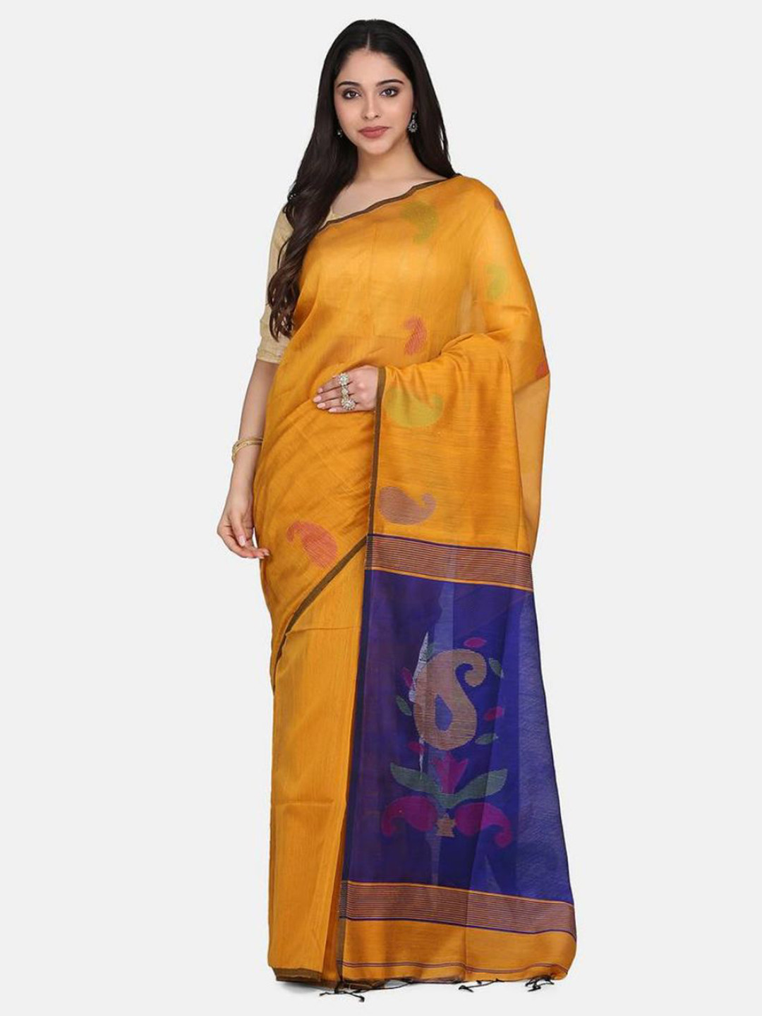 Mirraw Yellow & Blue Paisley Pure Cotton Fusion Saree
