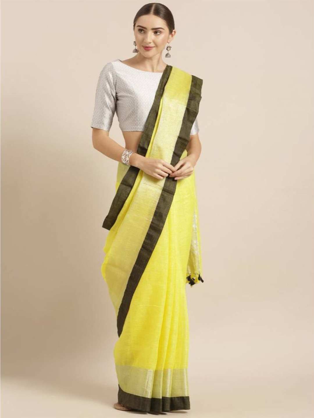Mirraw Yellow & Black Zari Pure Linen Fusion Saree