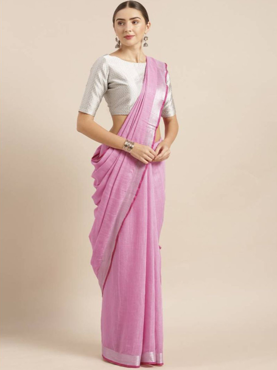 Mirraw Pink & Silver-Toned Zari Pure Linen Fusion Saree