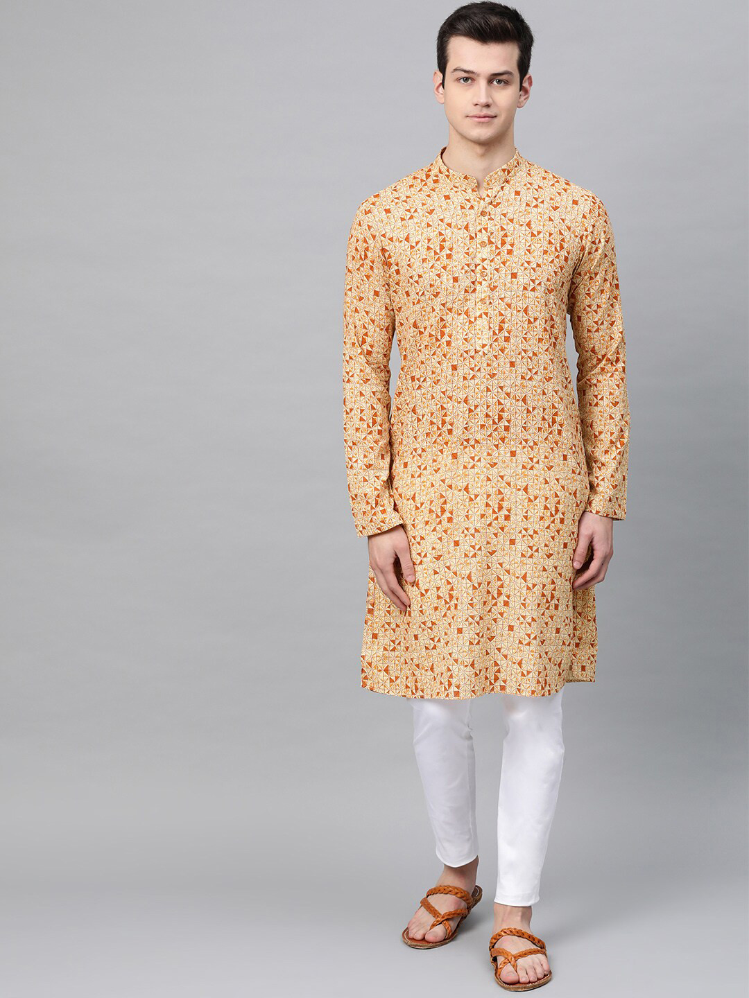 See Designs Men Cream-Coloured & Brown Geometric Printed Cotton Kurta
