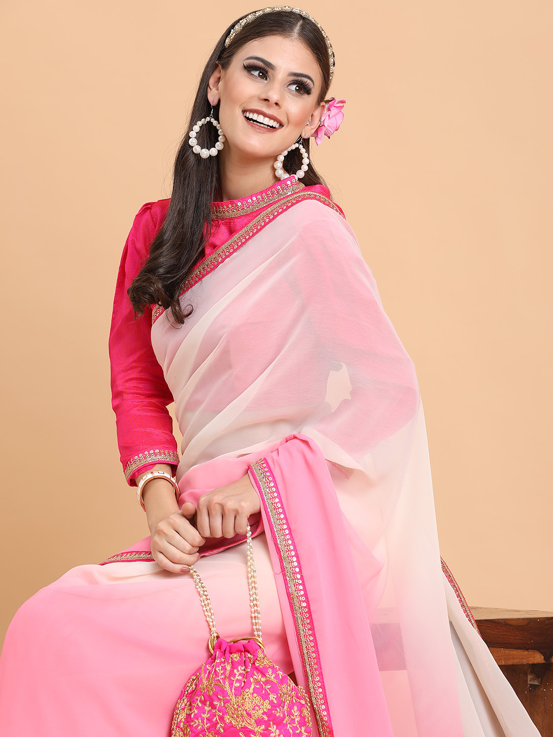 Sangria Rose & Pink Ombre Dyed Sequinned Pure Georgette Designer Saree