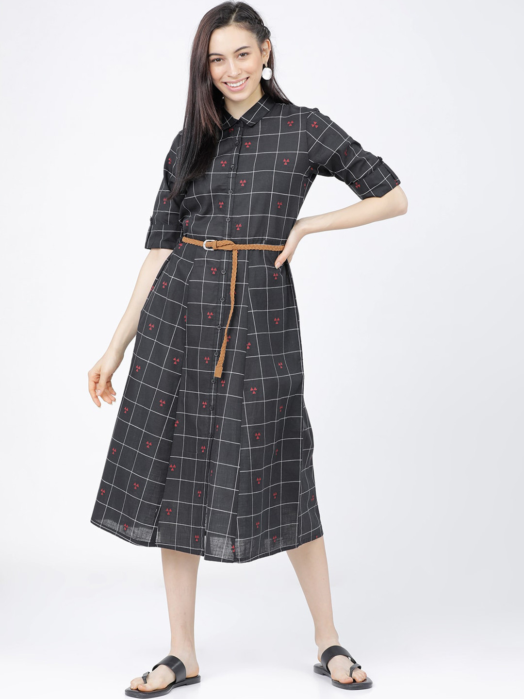 Vishudh Black & White Checked Shirt Midi Shirt Dress With Belt