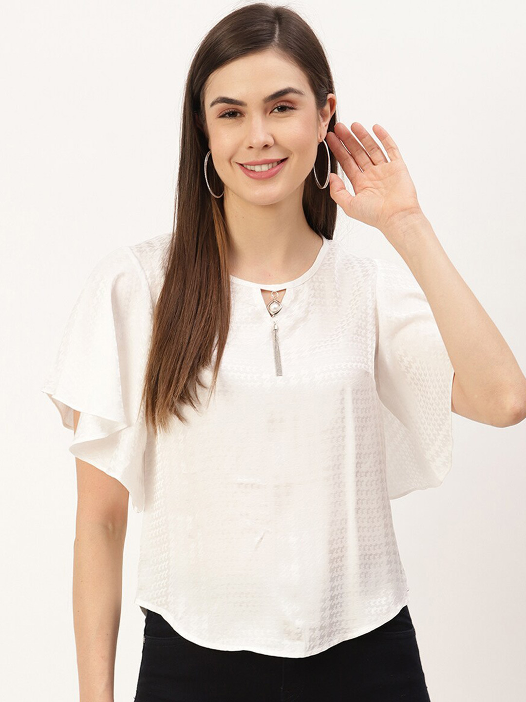 ZOELLA Women White Keyhole Neck Studded A-Line Top