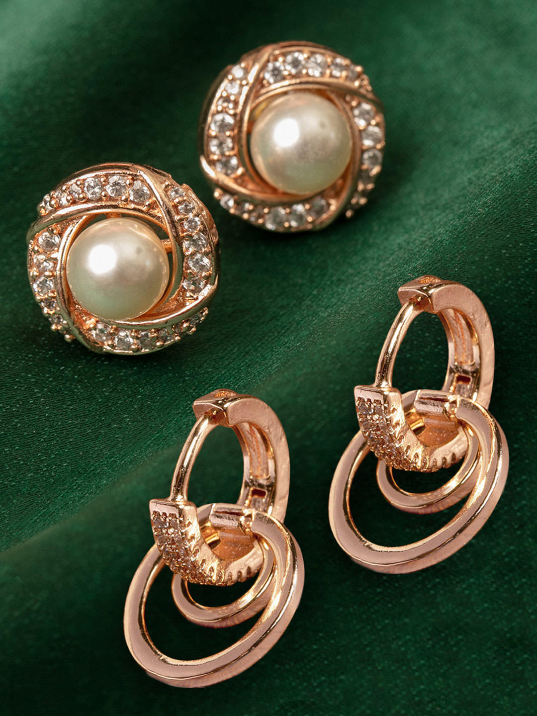 AMI Rose Gold Toned & Rose Gold Plated Set of 2 Contemporary Studs and Drop Earrings