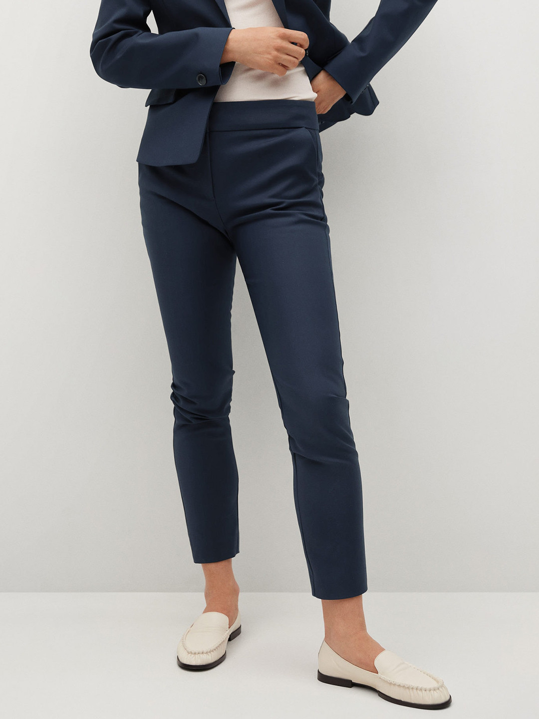 MANGO Women Navy Blue Solid Slim Fit Trousers