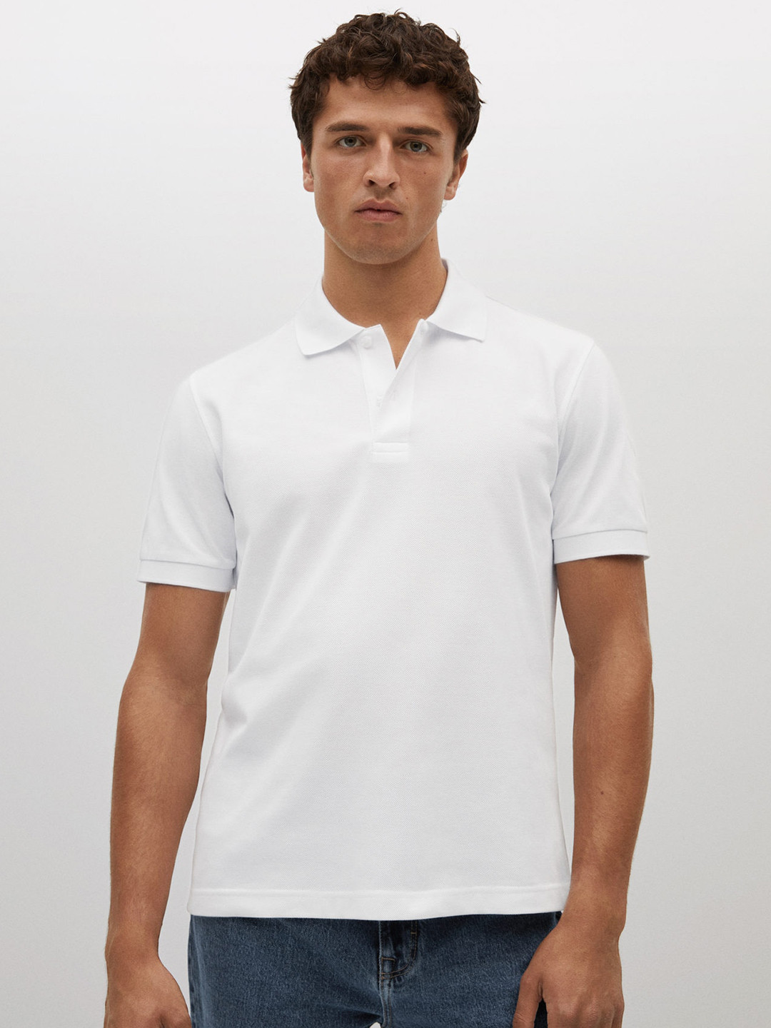 MANGO MAN Men White Solid Polo Collar T-shirt