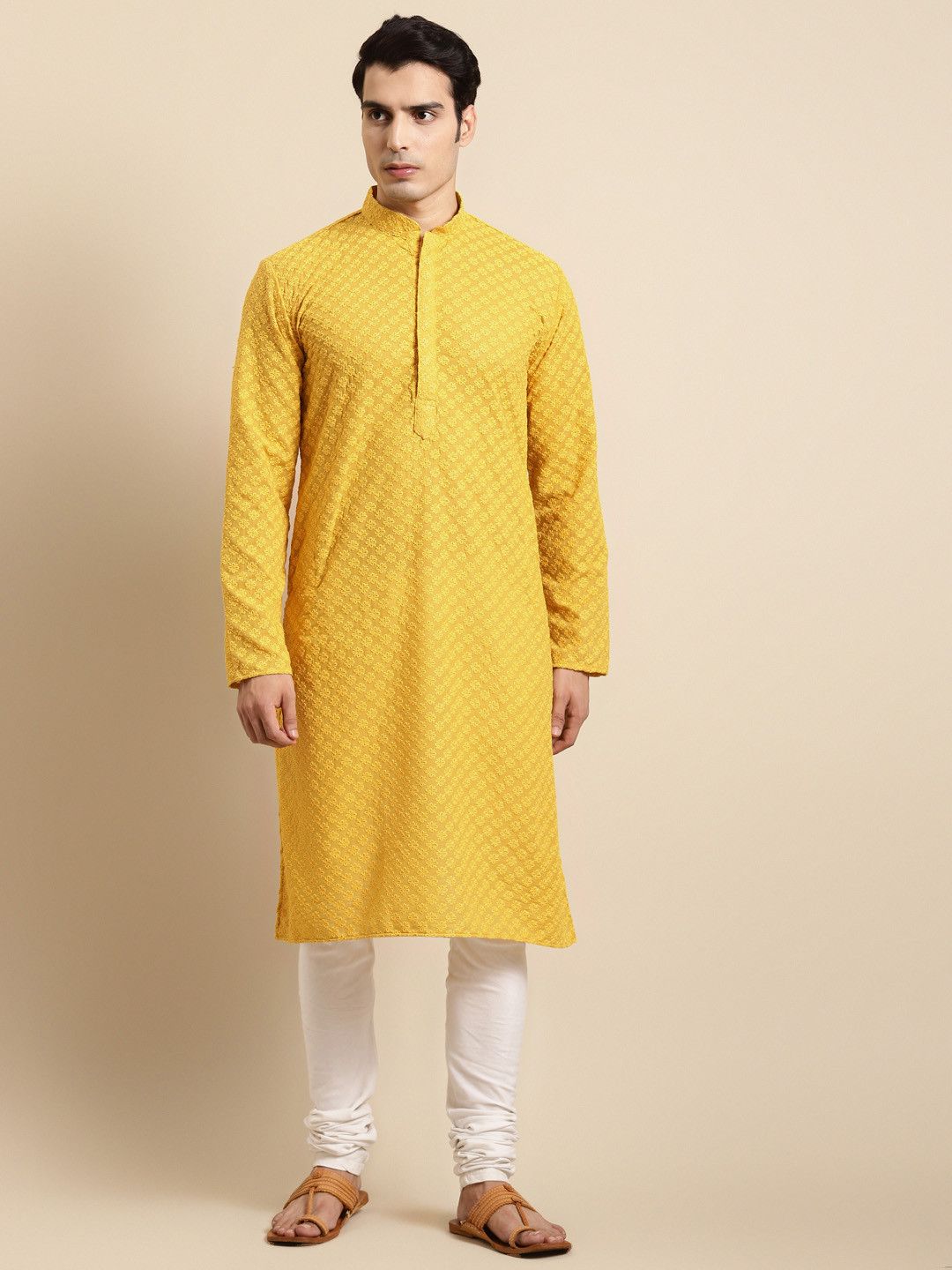 RAJUBHAI HARGOVINDAS Men Yellow Chikankari Kurta