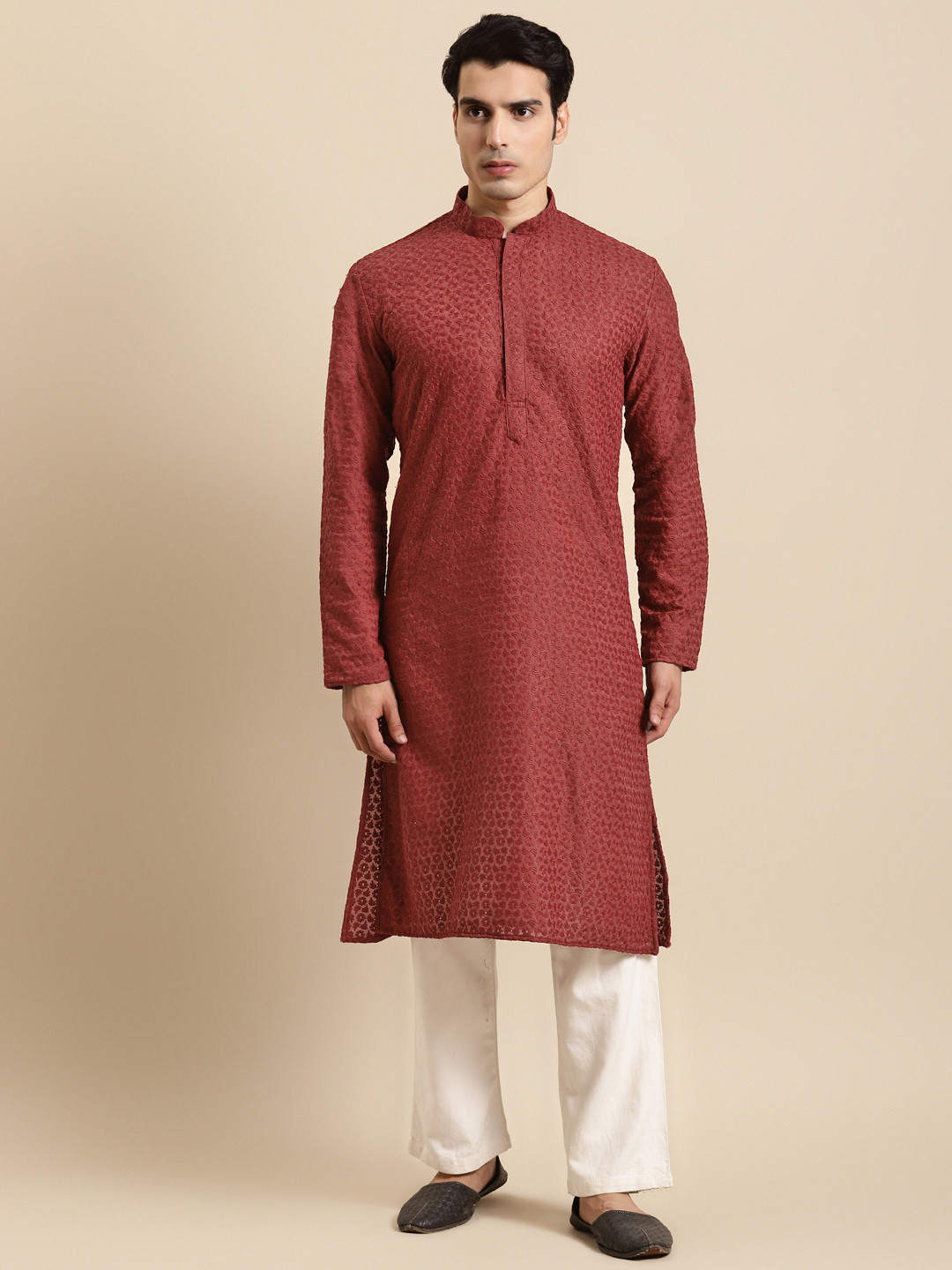 RAJUBHAI HARGOVINDAS Men Maroon Chikankari Kurta