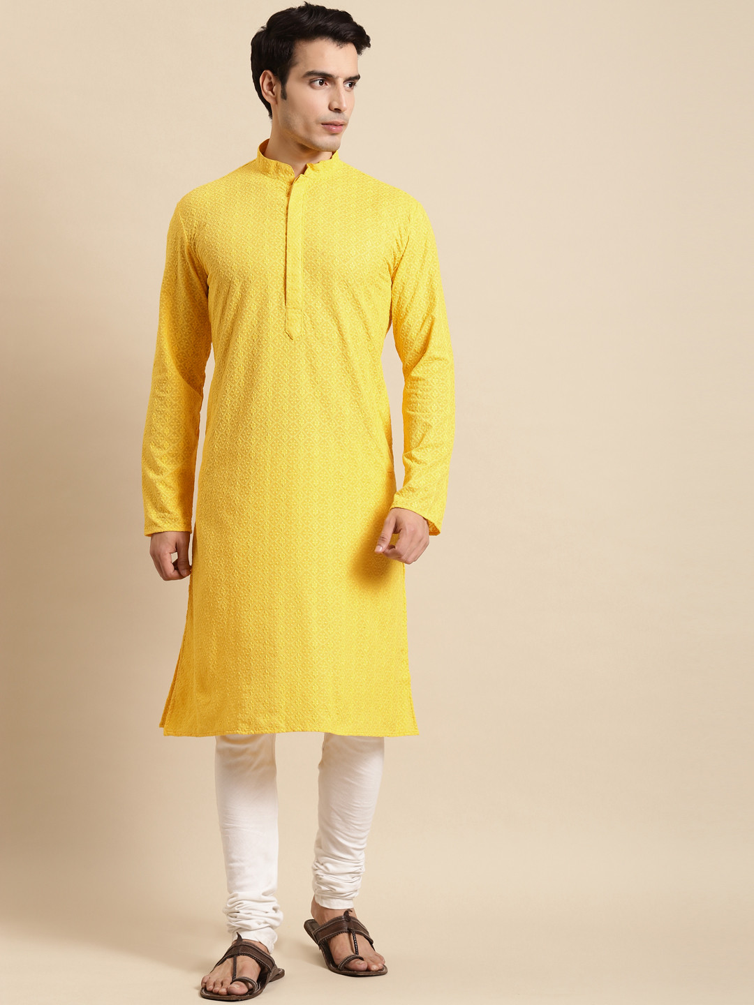 RAJUBHAI HARGOVINDAS Men Yellow Chikankari Pastels Kurta