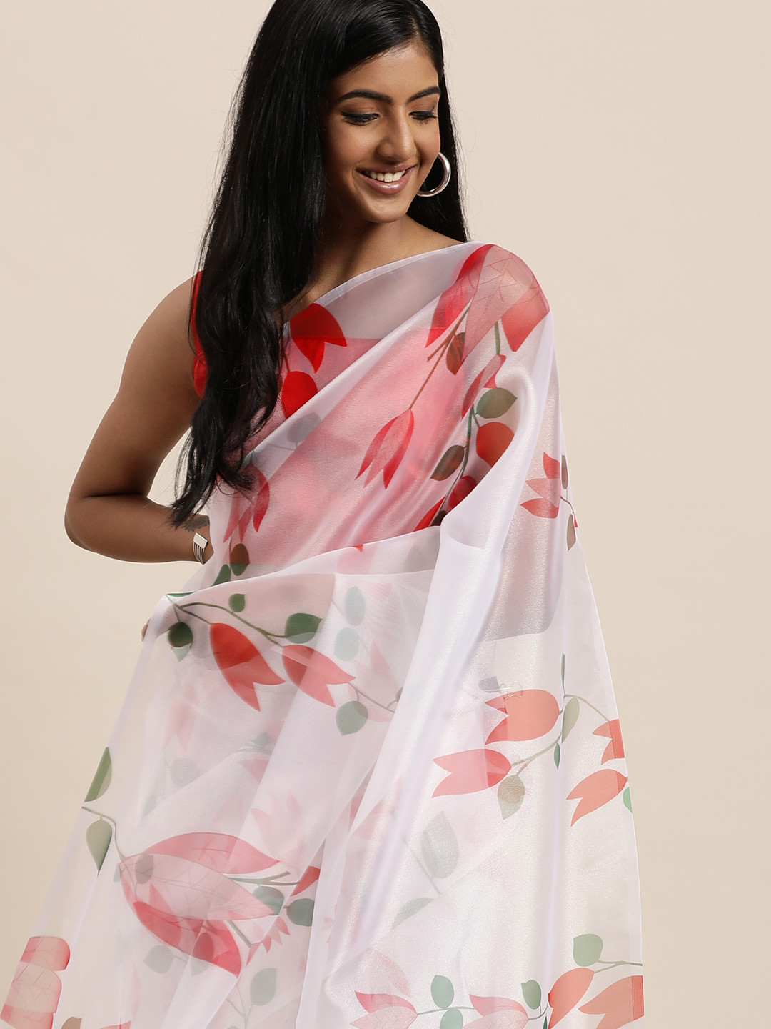 Mitera White & Red Floral Organza Saree