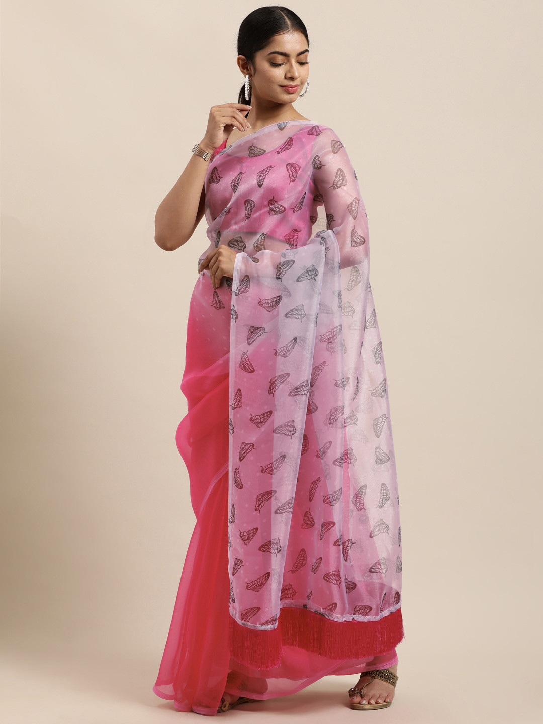 Mitera Pink & White Organza Saree