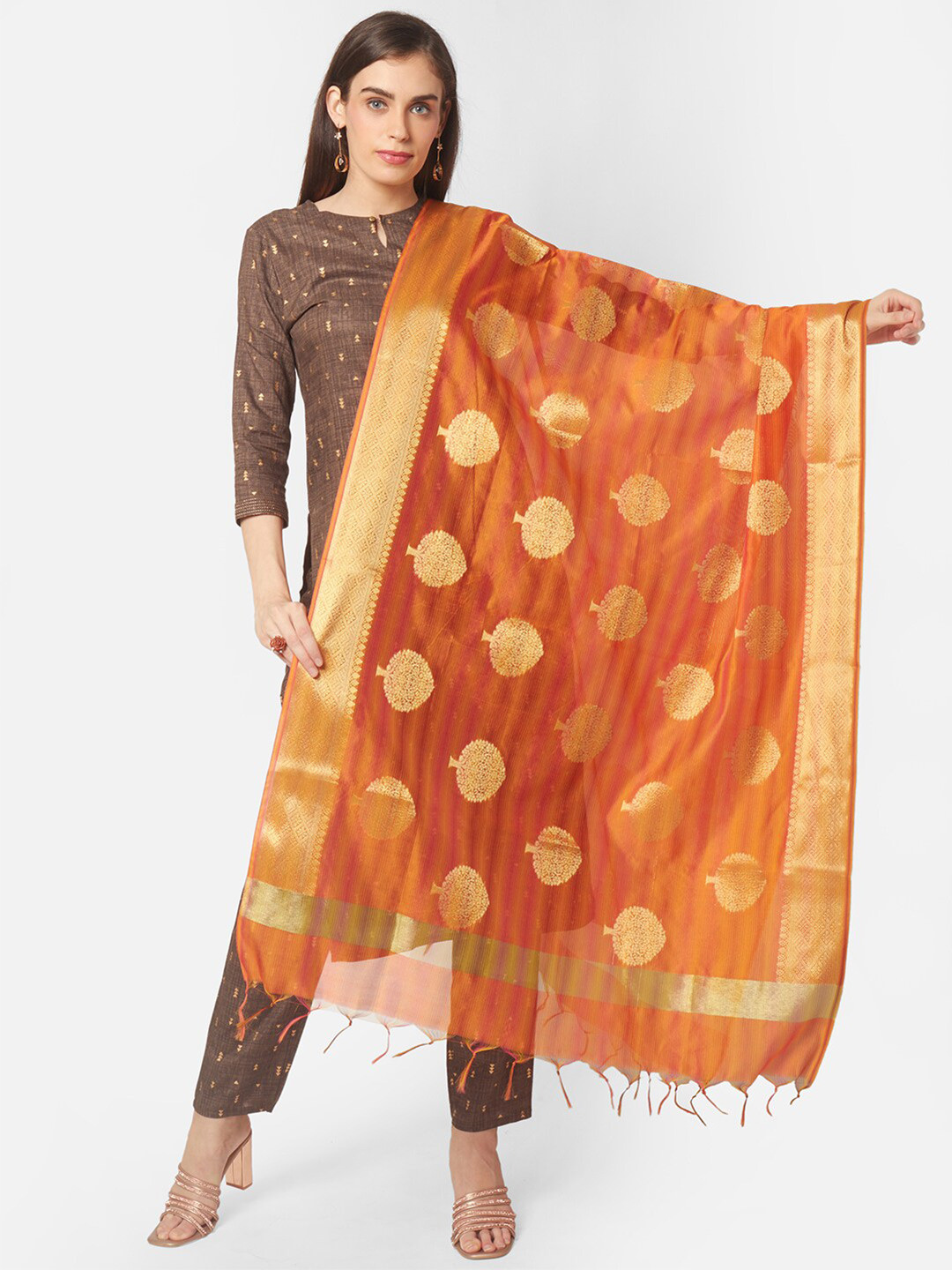 Dupatta Bazaar Orange & Gold-Toned Woven Design Chanderi Silk Dupatta