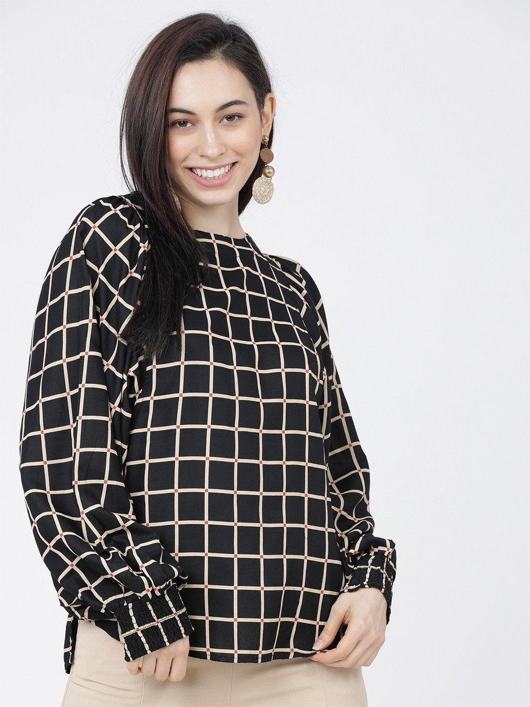 Tokyo Talkies Black & Beige Checked Regular Top