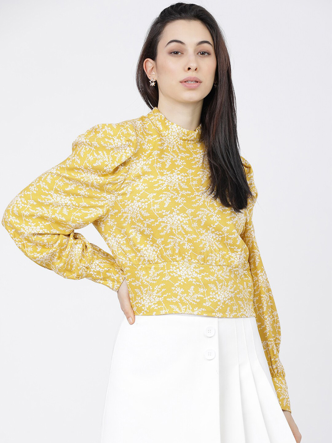 Tokyo Talkies Mustard Yellow & White Floral Regular Top