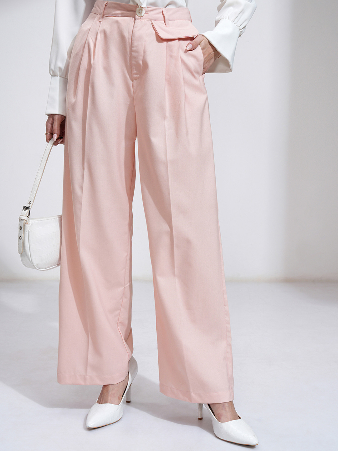 Tokyo Talkies Women Cream-Coloured Pleated Parallel Trousers