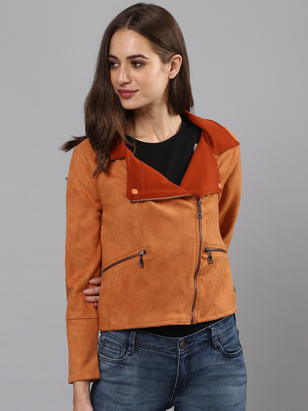 Campus Sutra Women Brown Suede Windcheater Crop Biker Jacket