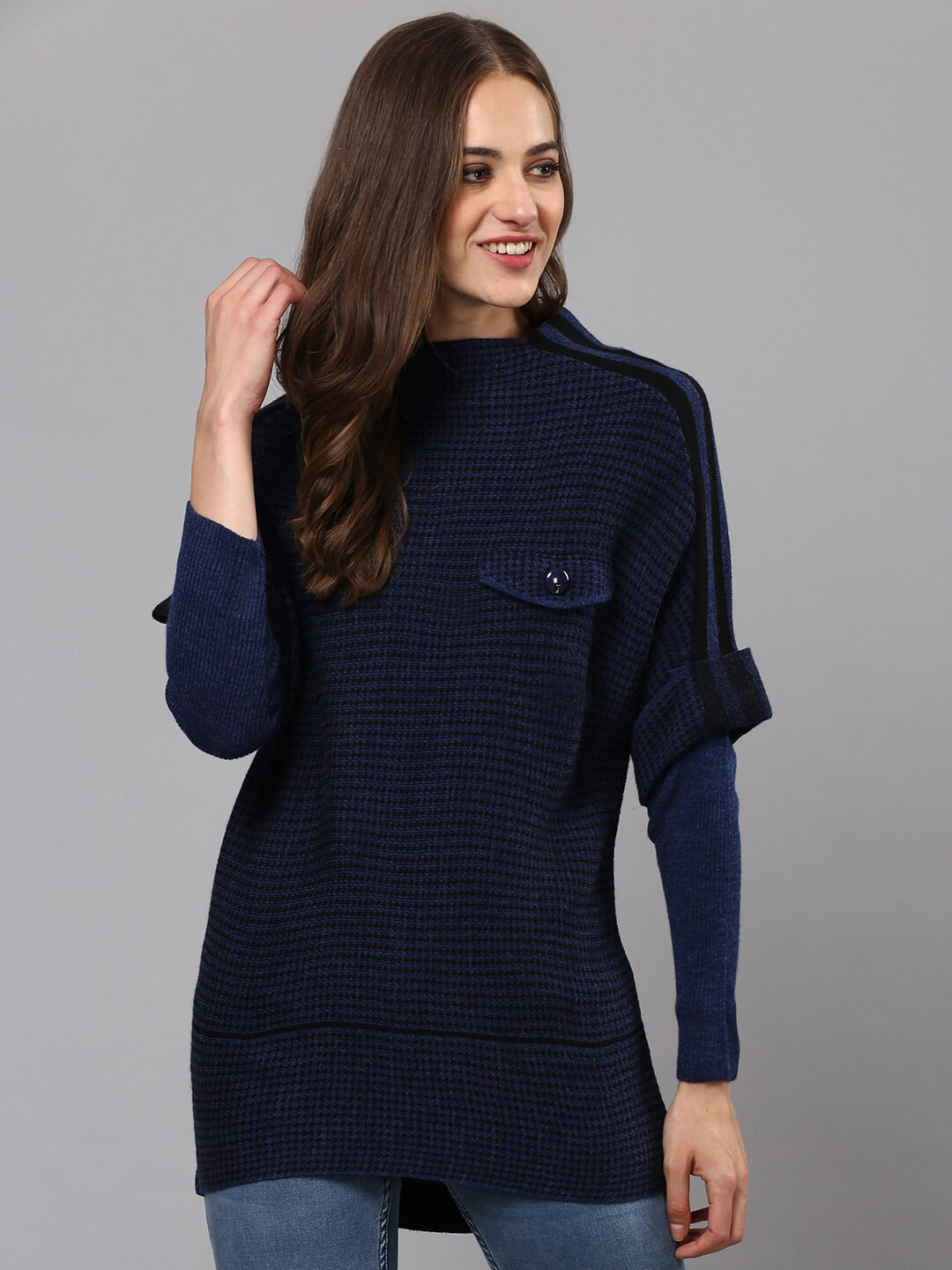 Campus Sutra Women Navy Blue Self Design Sweater