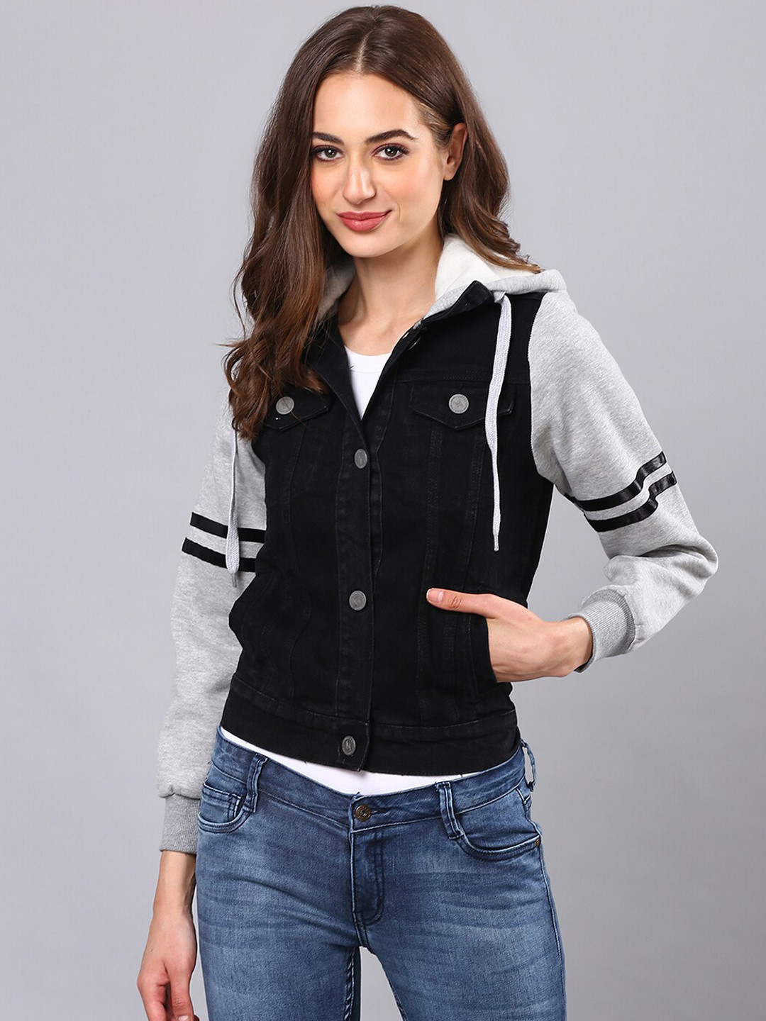 Campus Sutra Women Black Grey Colourblocked Windcheater Denim Jacket