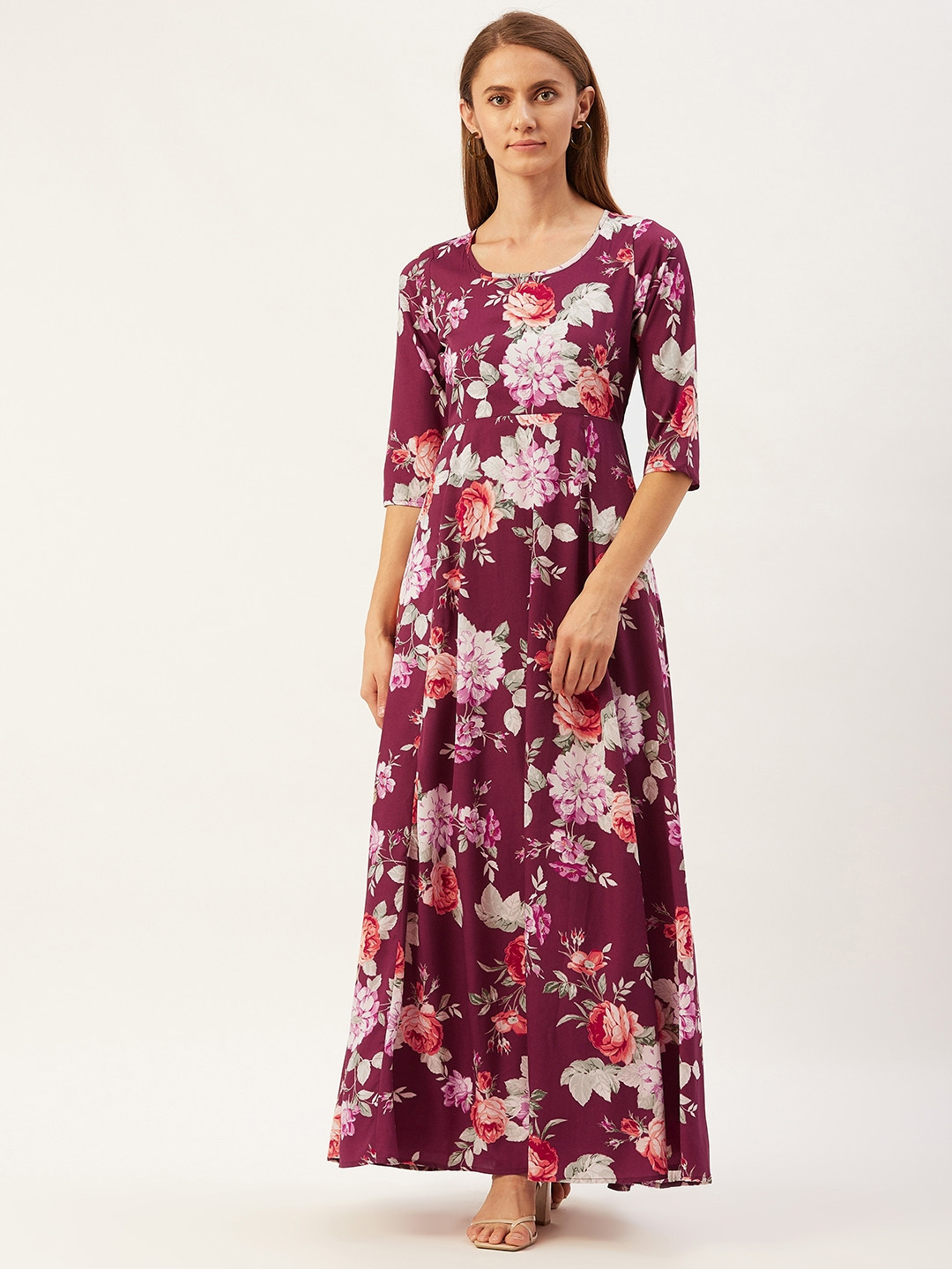 Magnetic Designs Maroon & White Floral Print Maxi Dress