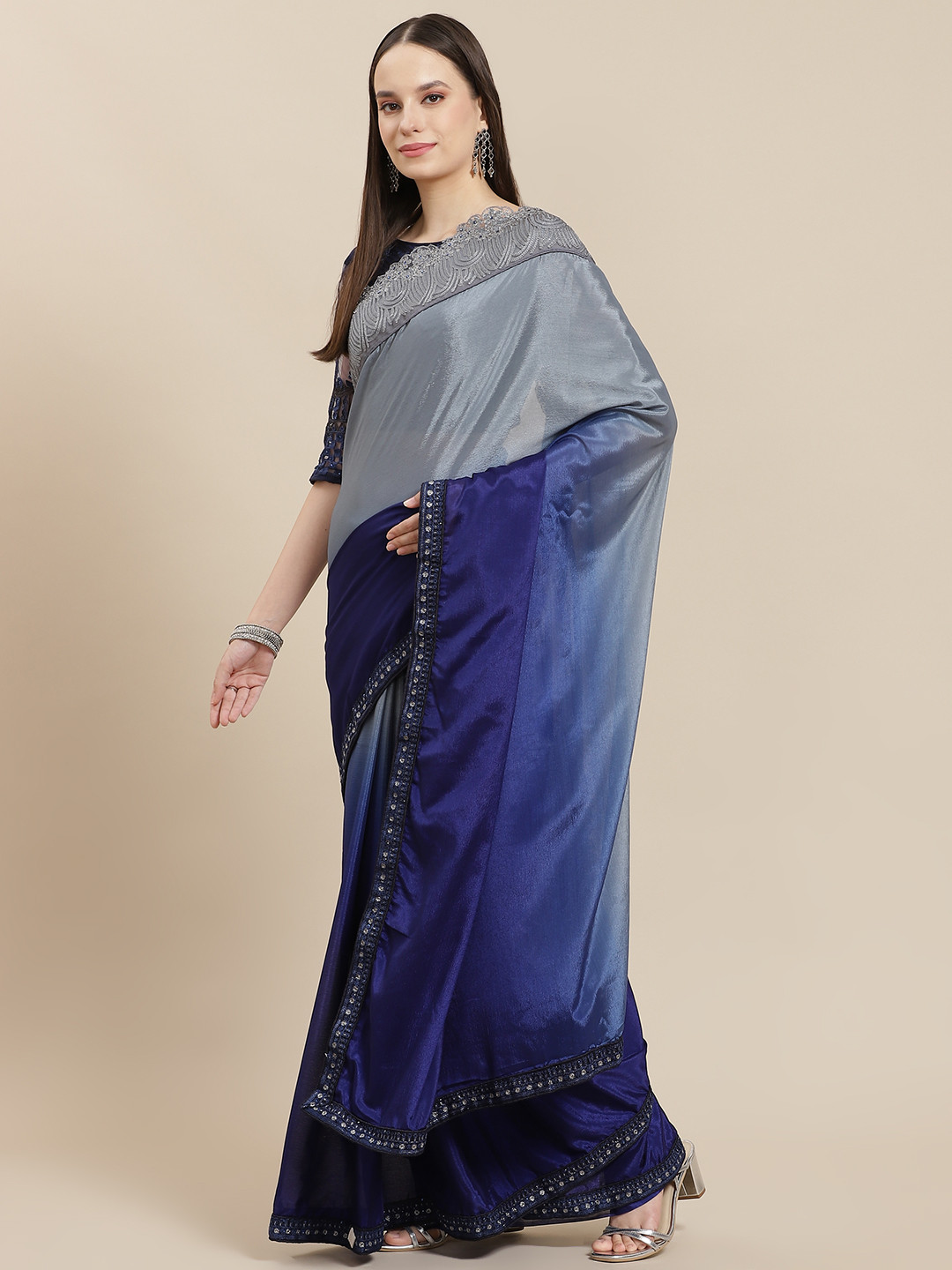 Mitera Blue & Grey Ombre Beads and Stones Pure Chiffon Saree