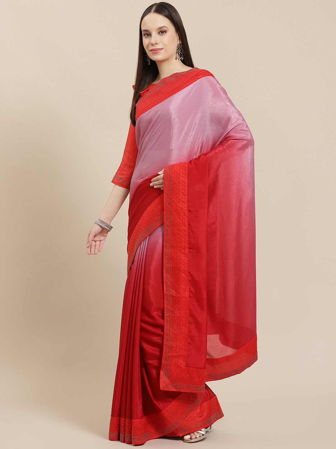 Mitera Red Ombre Sequinned Pure Chiffon Saree