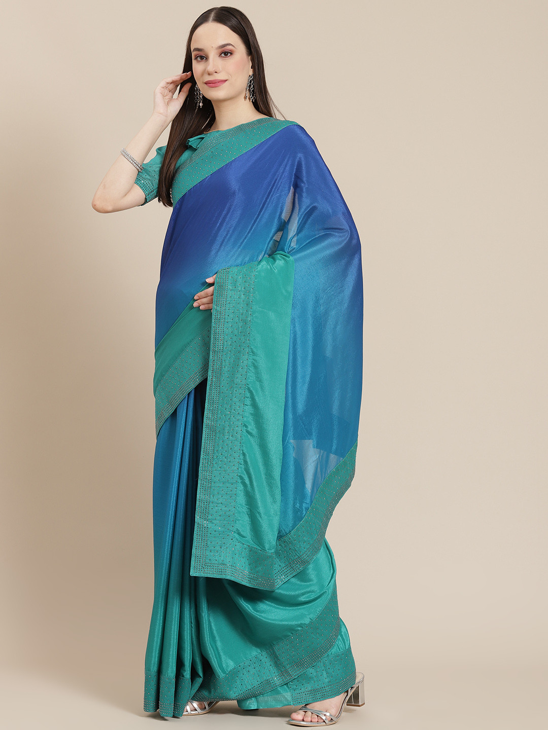 Mitera Blue & Green Ombre Dyed Saree with Embellished Border