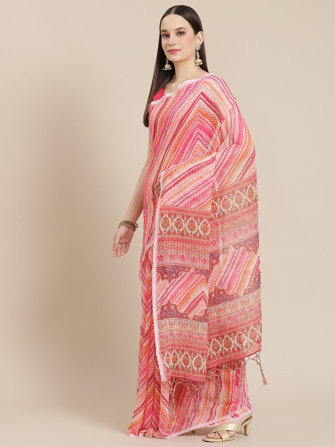 Mitera Pink & Orange Geometric Print Sequinned Saree