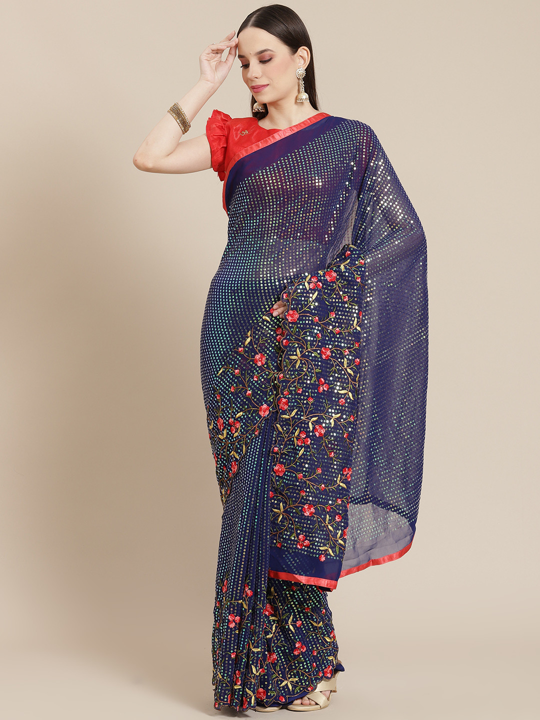 Mitera Navy Blue & Red Sequinned Saree with Floral Embroidery