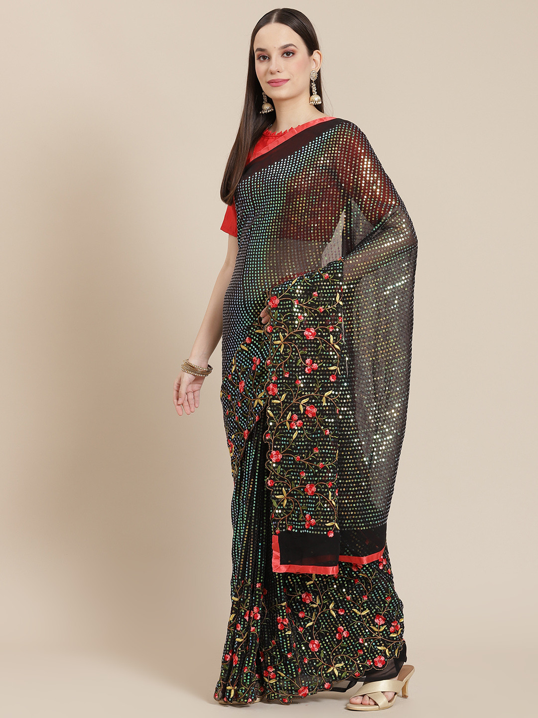 Mitera Black & Red Sequinned Saree with Floral Embroidery