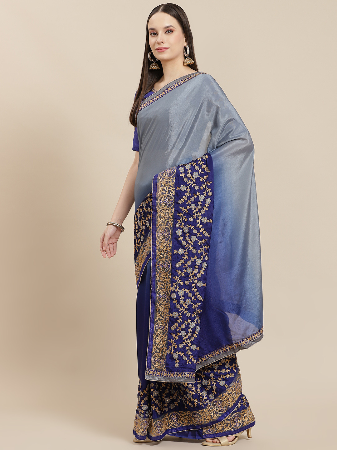 Mitera Blue & Multicoloured Ombre Embroidered Pure Chiffon Heavy Work Saree