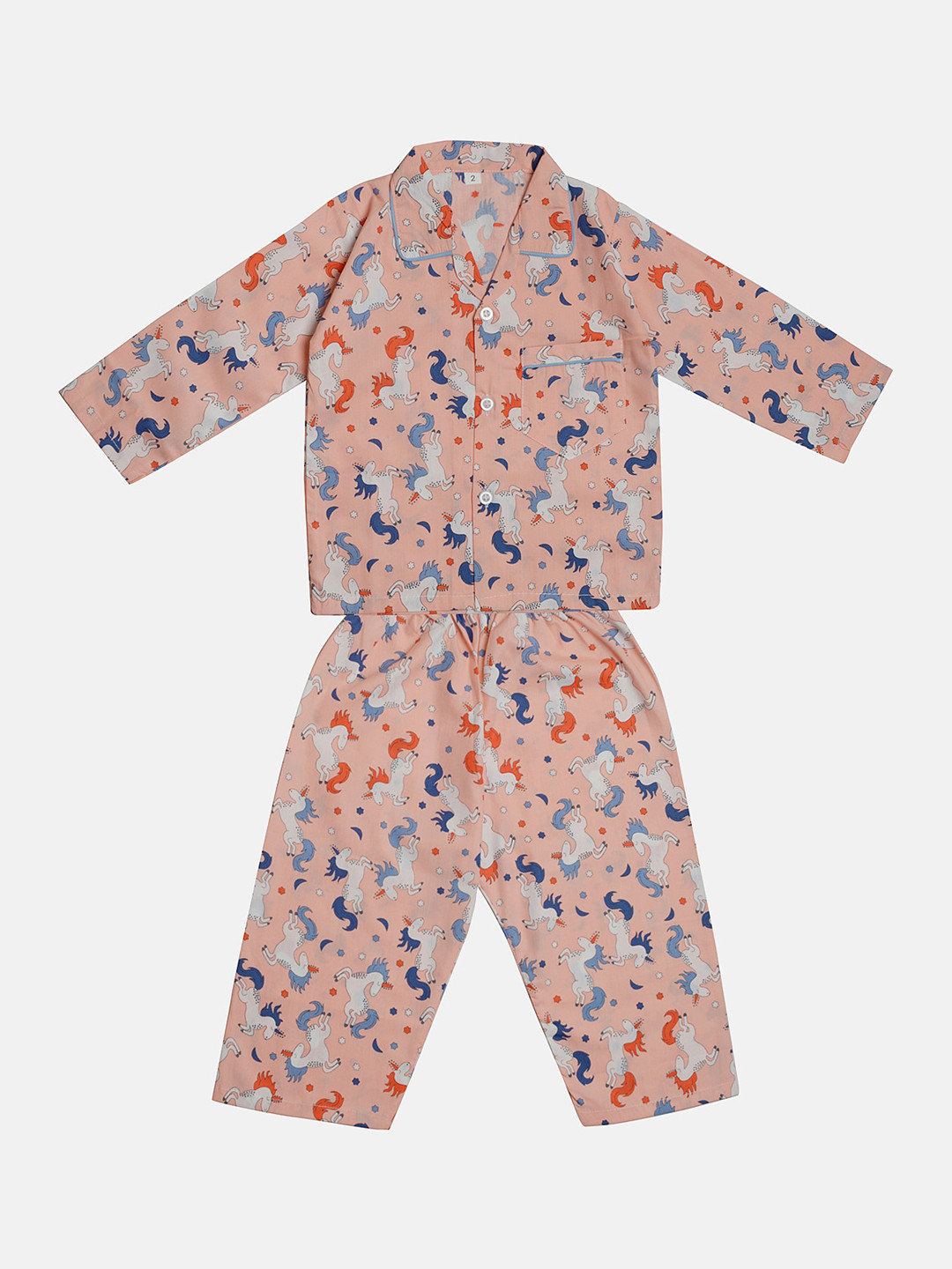 TINY HUG Boys Peach-Coloured & Blue Printed Night suit