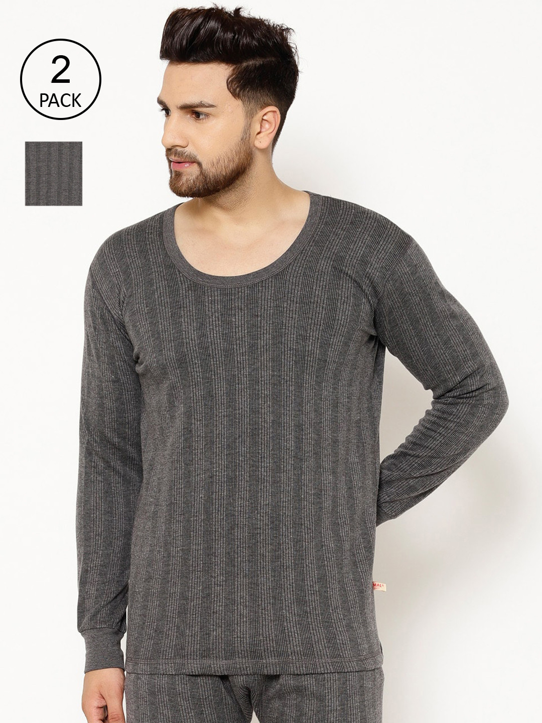 MACK JONNEY Men Pack Of 2 Charcoal Grey Striped Thermal Tops